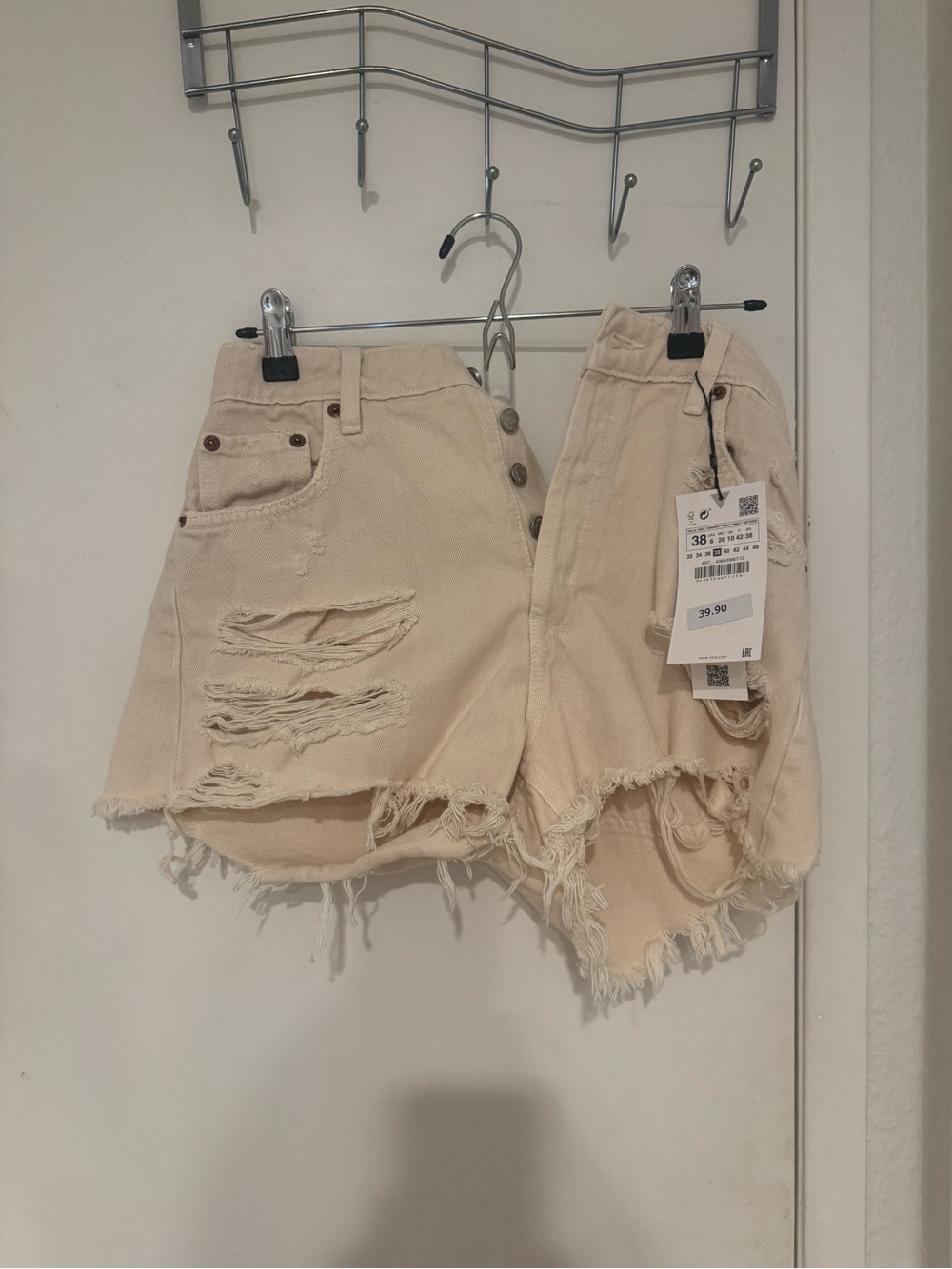Zara Beige Distressed Denim Shorts